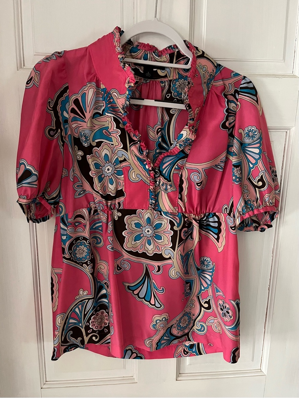 Banana Republic Pink Paisley-Print Ruffle V-Neck Blouse